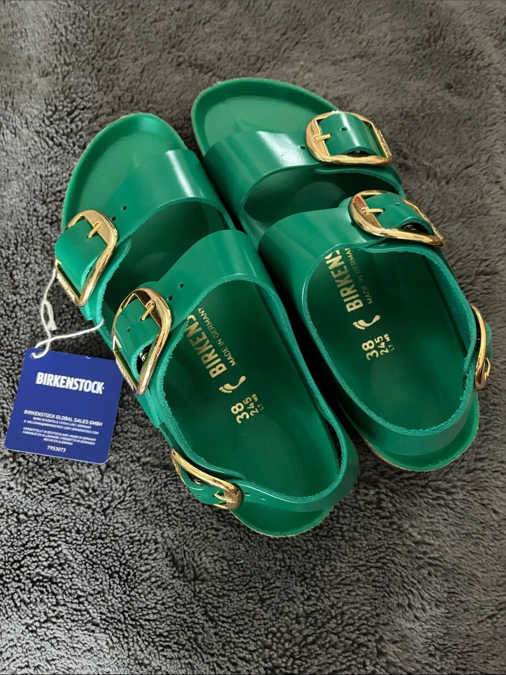 Birkenstock Women’s Emerald Green Double-Strap Sandals with Gold Buckles